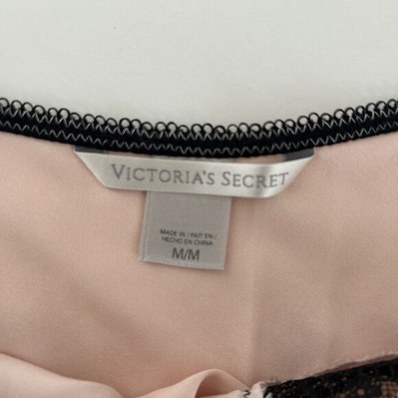 Victorias Secret Satin Babydoll Chemise Slip Dress Sz M Pink Black Lace Ditsy - Picture 6 of 9
